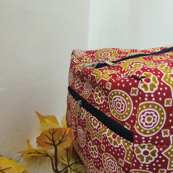 Rectangle Travel Bag Red Colour with Mustered Flower Design.