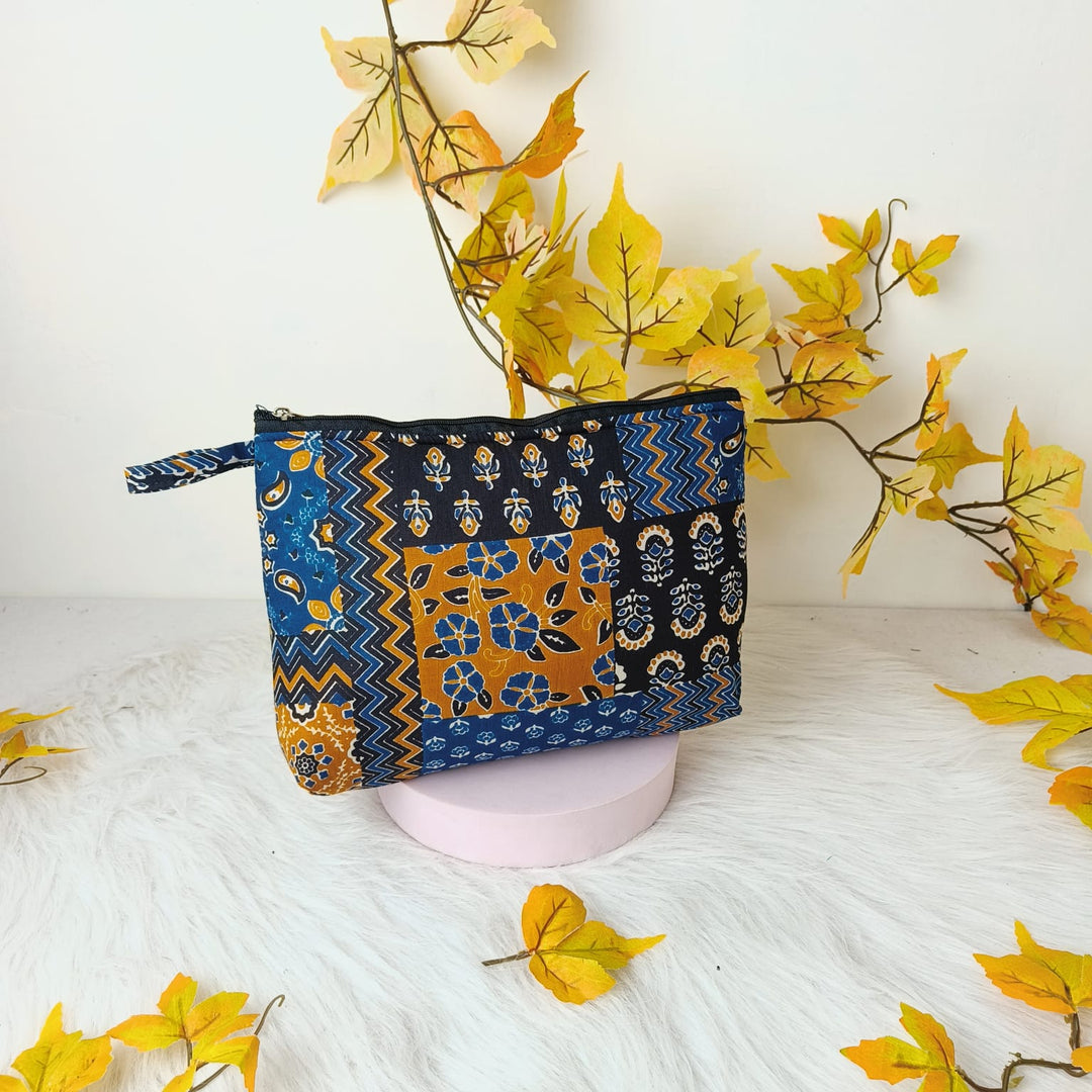 Boat purse Blue with Black Botanical Design.