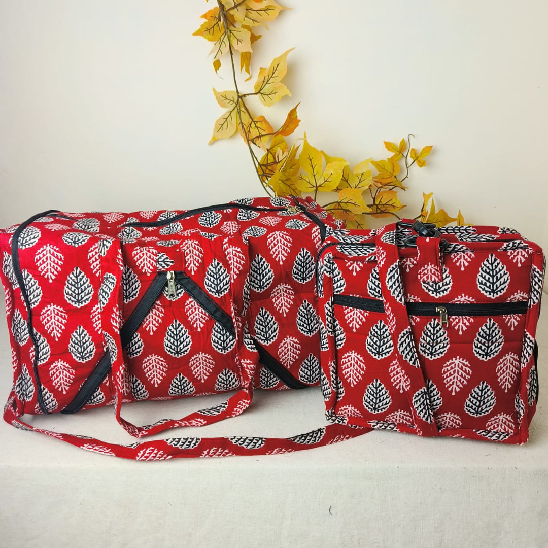 Expandable Travel Bag Red With Green Flower Design.