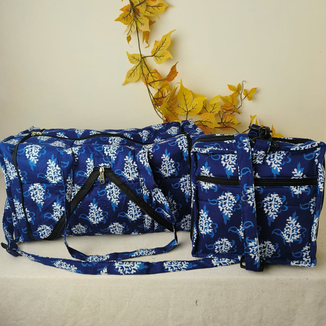 Expandable Travel Bag Blue with White Flower Design.