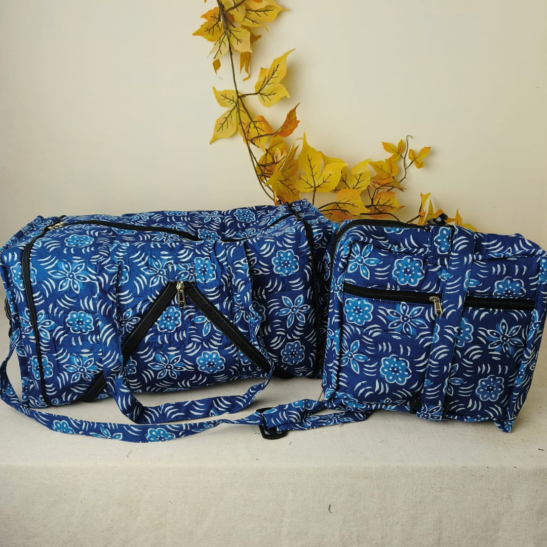 Expandable Travel Bag Blue Colour Floral Botanical Design.