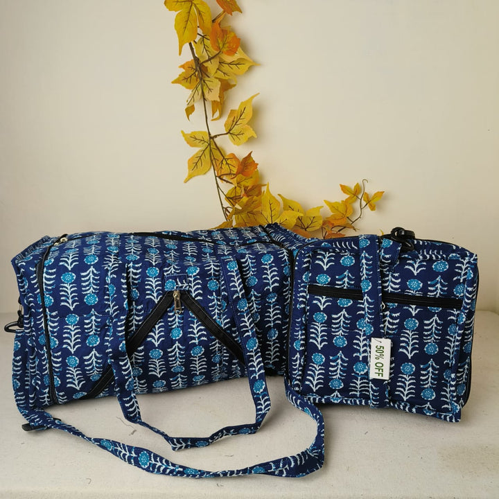 Expandable Travel Bag Blue with White Flower Design.