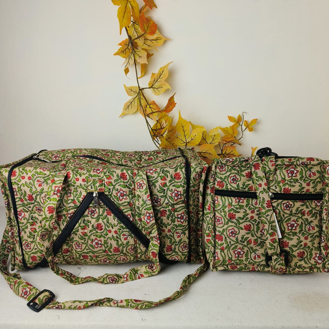 Expandable Travel Bag Green with Red Colour Botanical Design.