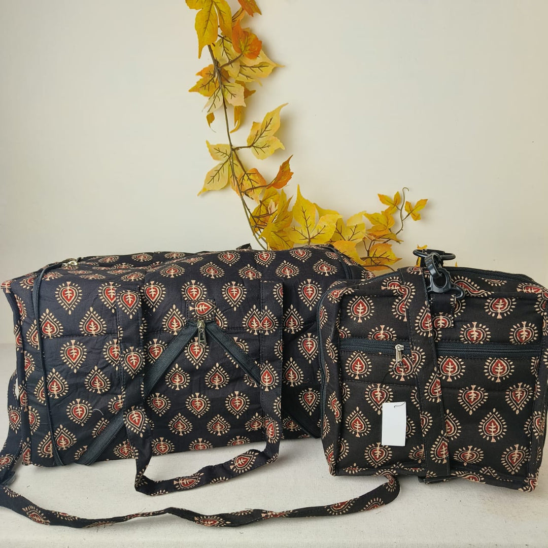 Expandable Travel Bag  Black With Maroon Flower Design.