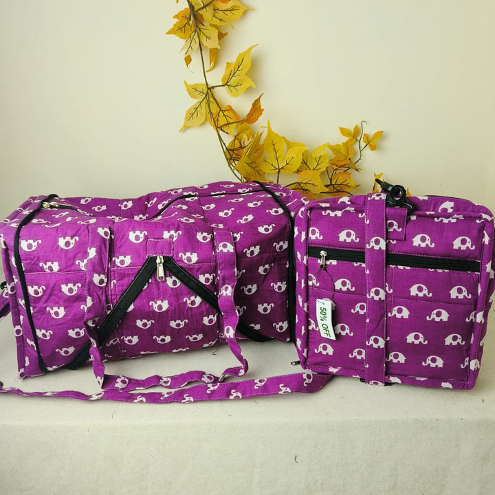 Expandable Travel Bag  Purple Colour with white  Elephant Design.