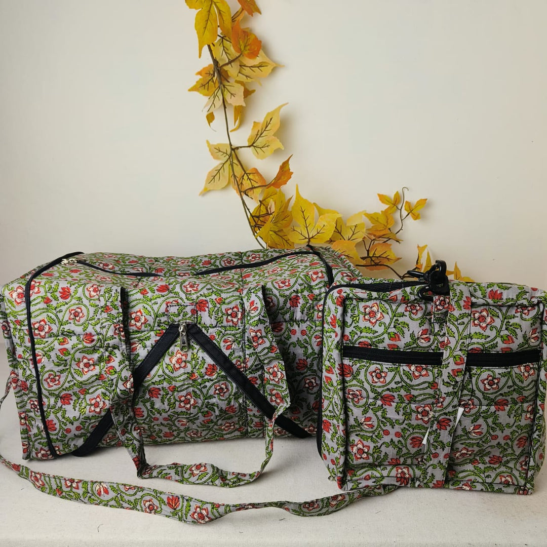 Expandable Travel Bag Grey Colour with Red Botanical Design.