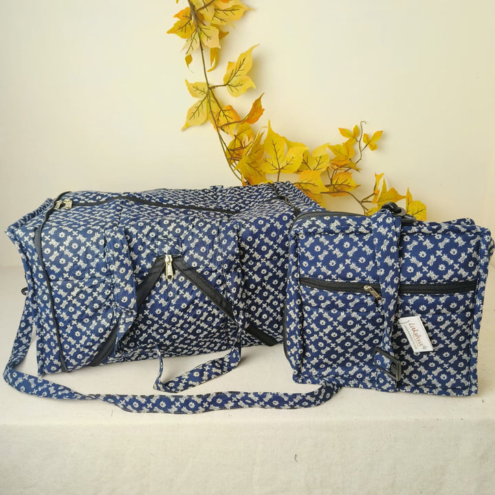 Expandable Travel Bag Blue Colour with white Arabesque Design.