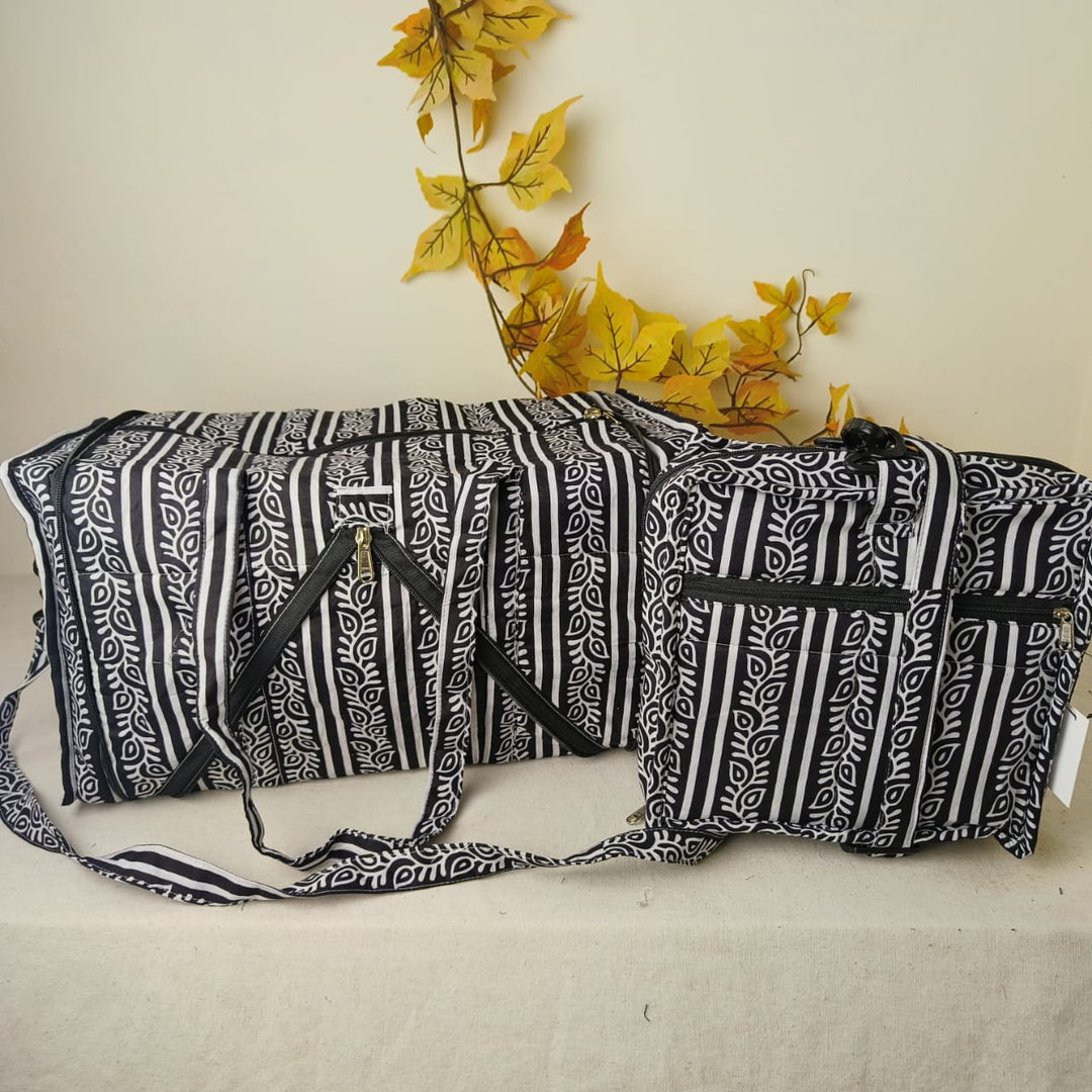 Expandable Travel Bag Black with White Botanical Design