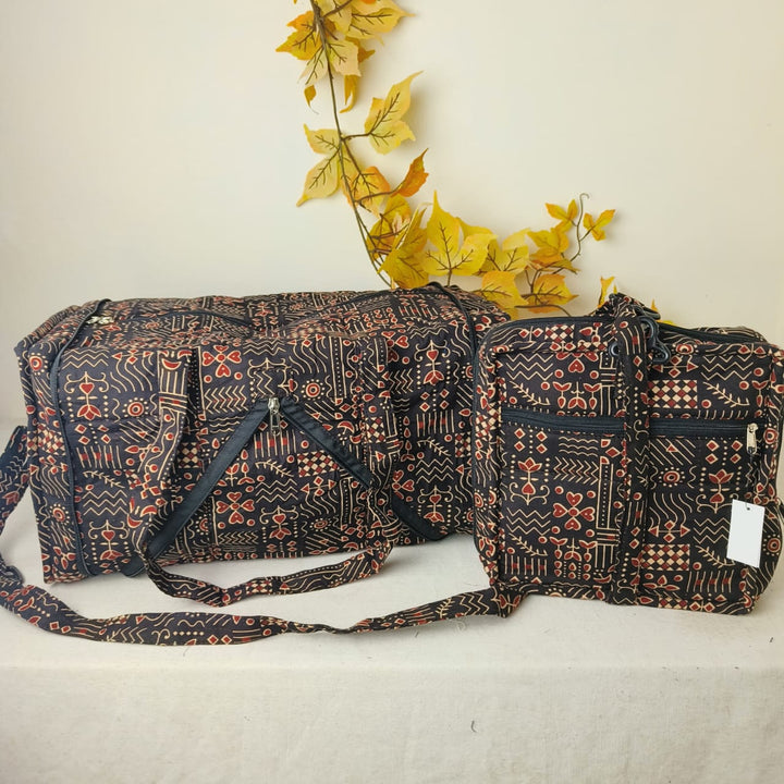 Expandable Travel Bag  Brown Colour with Red Graphic Design.