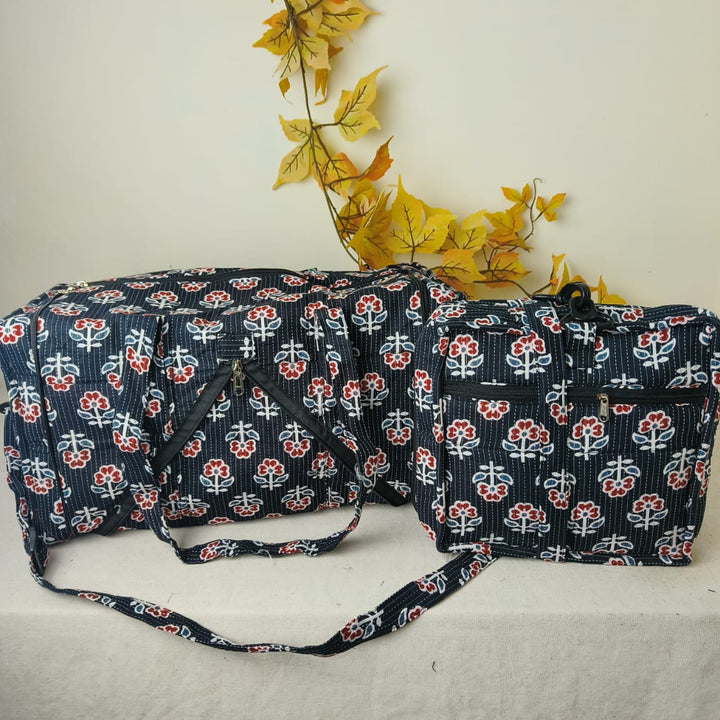 Expandable Travel Bag Black with Floral Design.