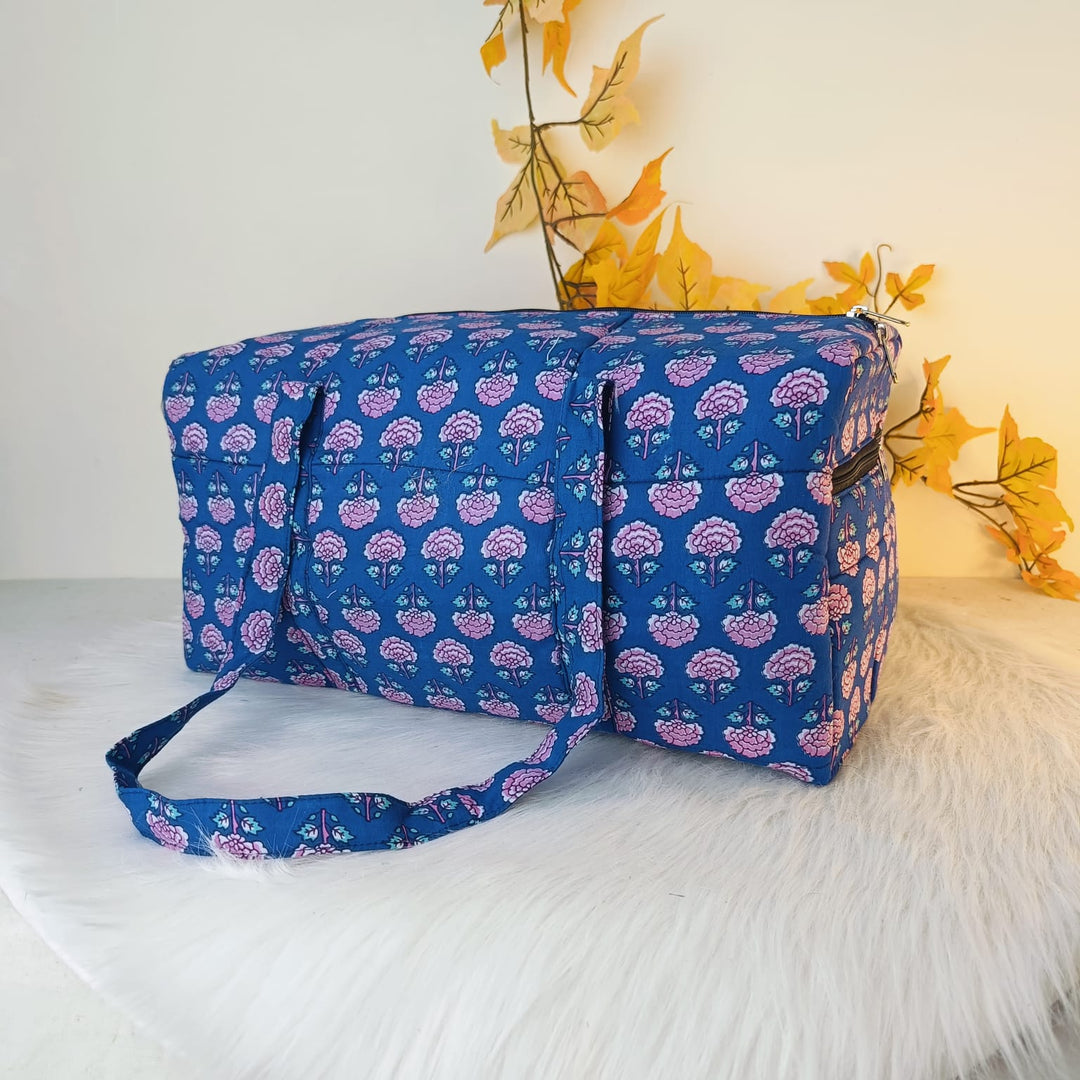 Rectangle Travel Bag Blue With Pink Floral Design.