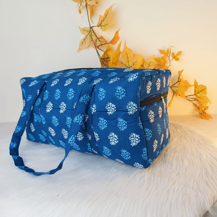 Rectangle Travel Bag Blue With White Small Flower Design.