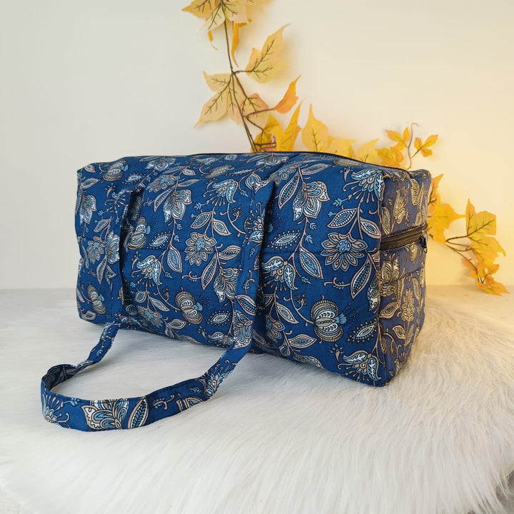 Rectangle Travel Bag Blue With Grey Colour Leaf Design.