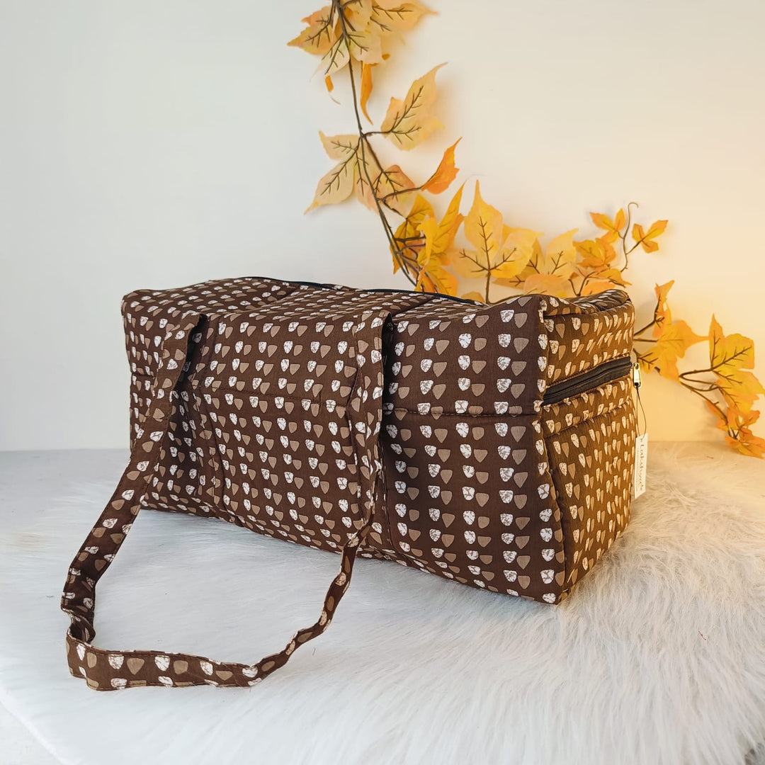 Rectangle Travel Bag Brown with White Prints.