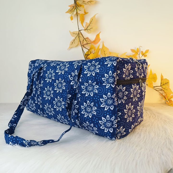 Rectangle Travel Bag Blue with White Botanical Design.