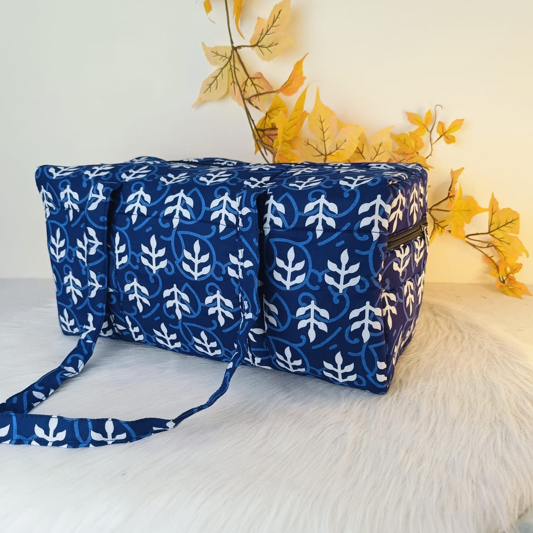 Rectangle Travel Bag Blue with White Botanical Flower Design.