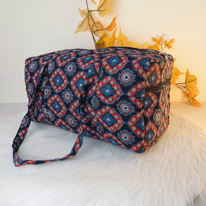 Rectangle Travel Bag Navy Blue with Red Colour Floral Design.