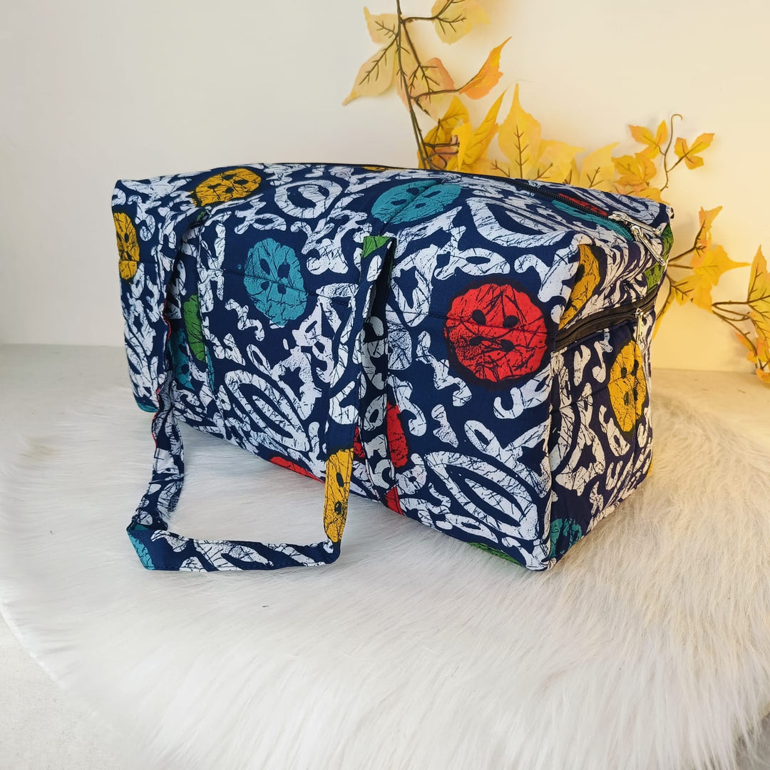 Rectangle Travel Bag Blue with White Floral Design.