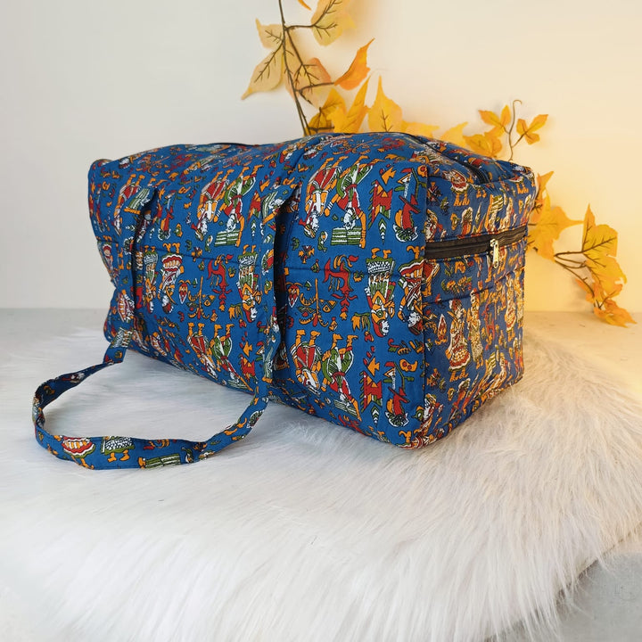 Rectangle Travel Bag Blue Colour Kalamkari Design.