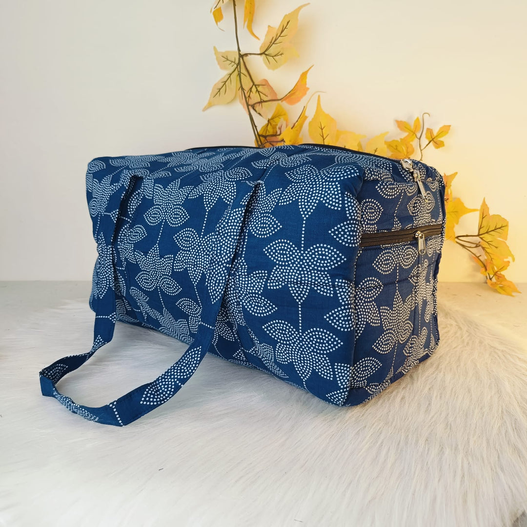 Rectangle Travel Bag Blue With White Botanical Design.