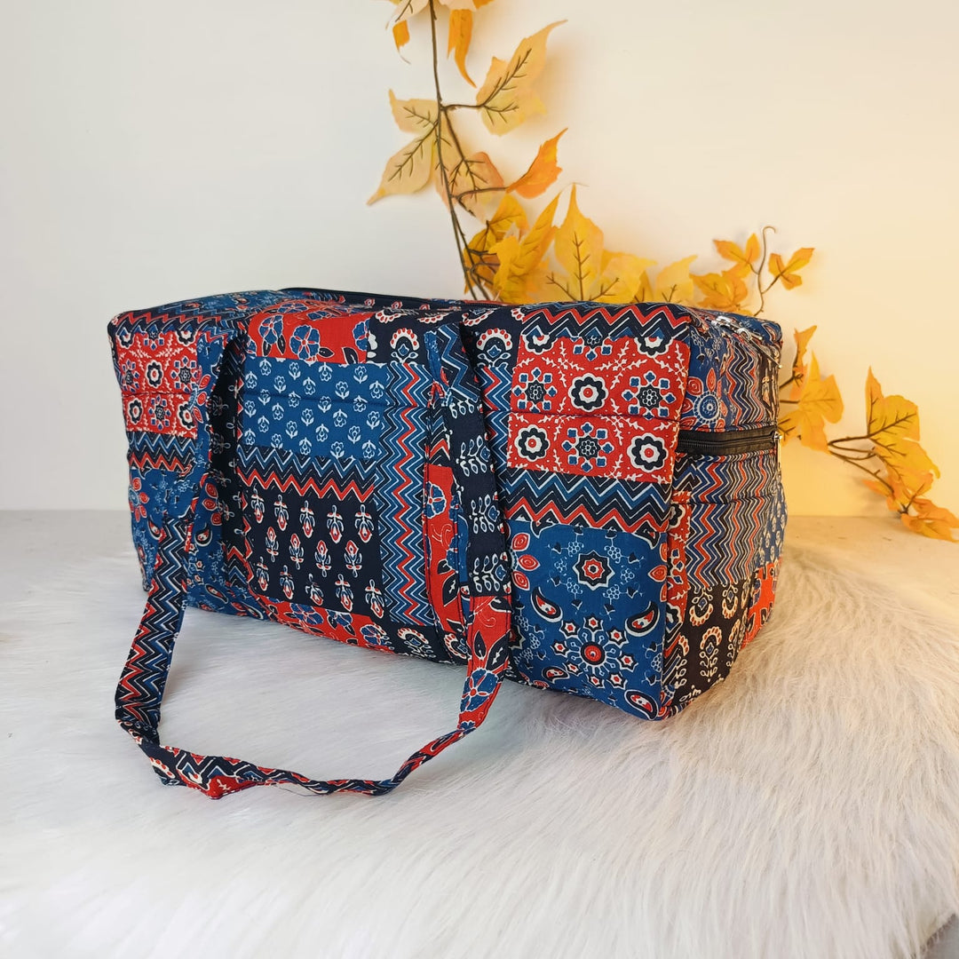 Rectangle Travel Bag Blue With Red Graphic Design.