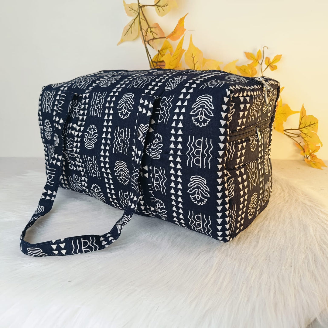 Rectangle Travel Bag Black with White Geometric Design.