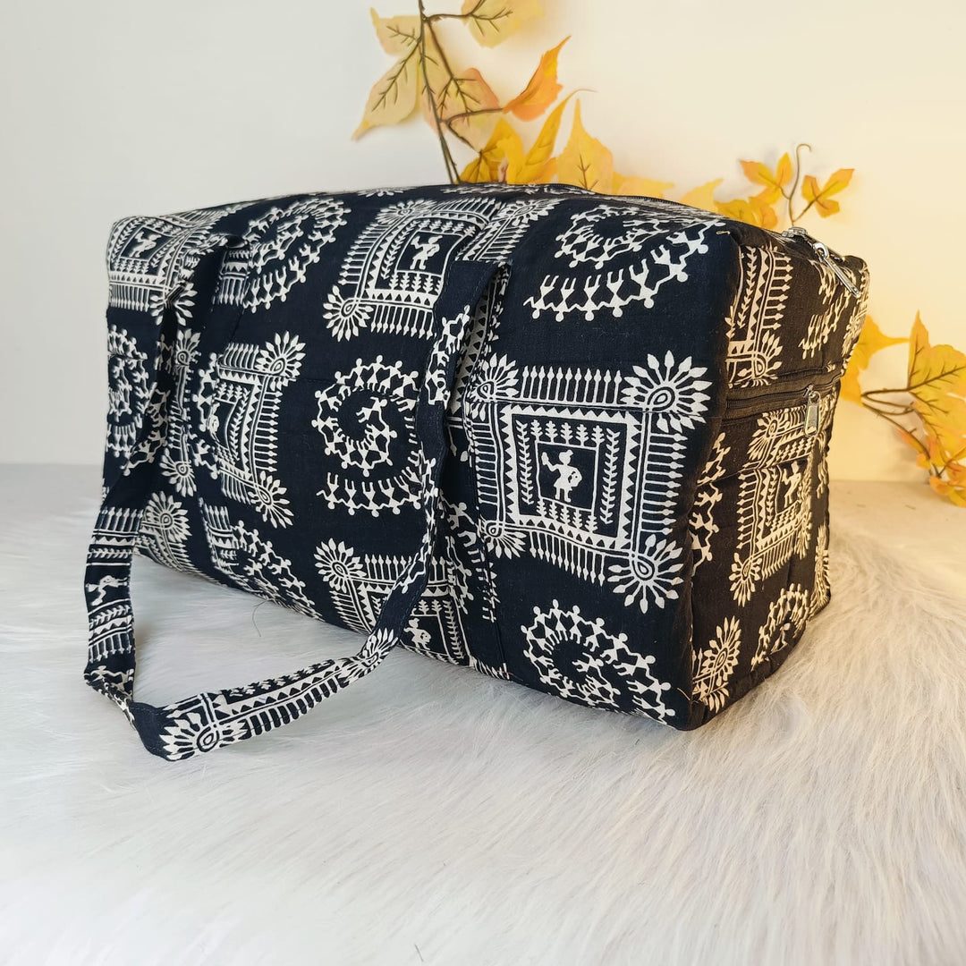 Rectangle Travel Bag Black with White Prints.