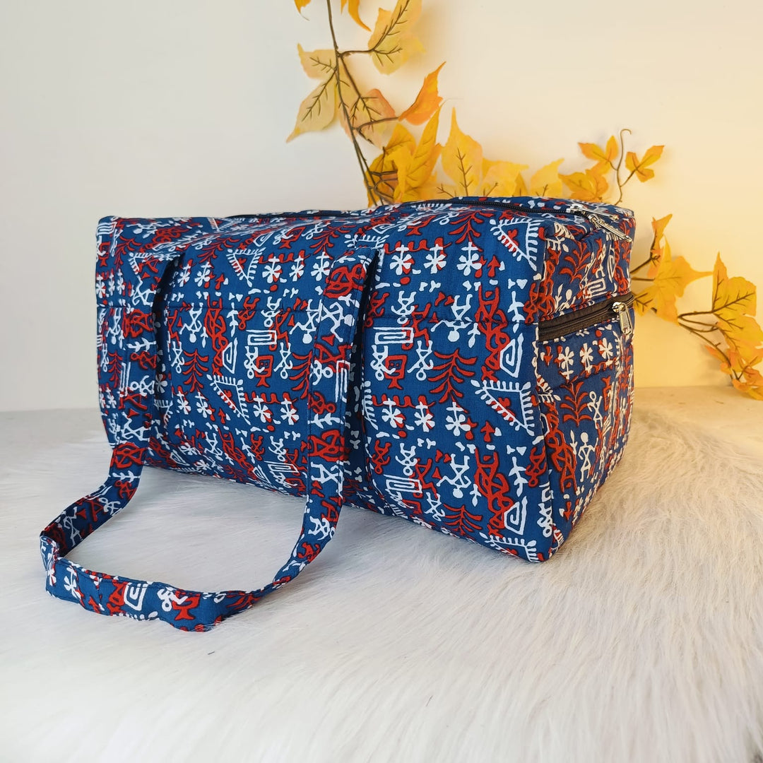 Rectangle Travel Bag Blue with Red Tribal Design.