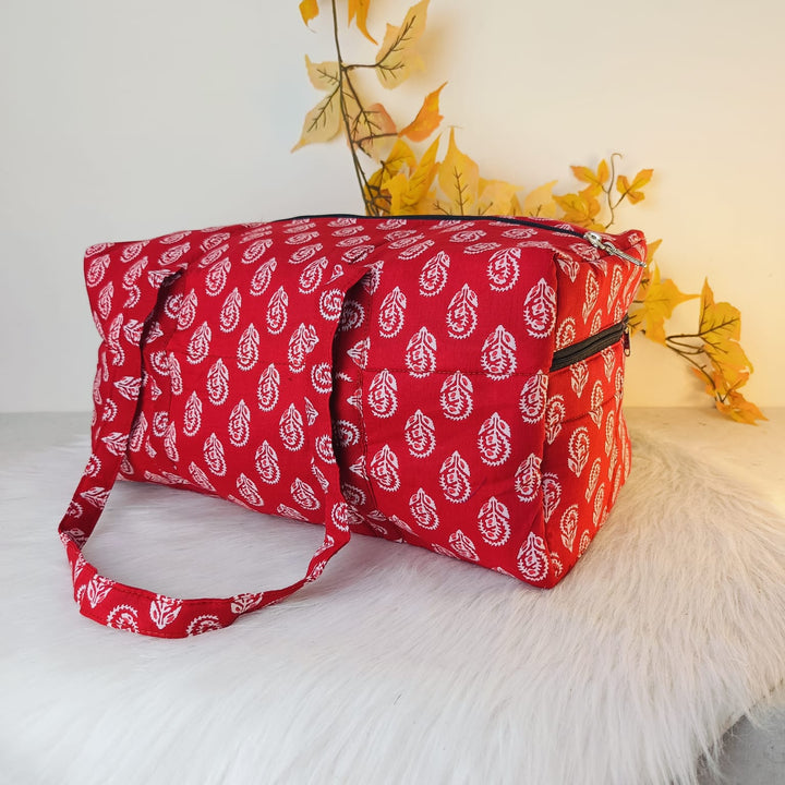 Rectangle Travel Bag Red With White Floral Design.