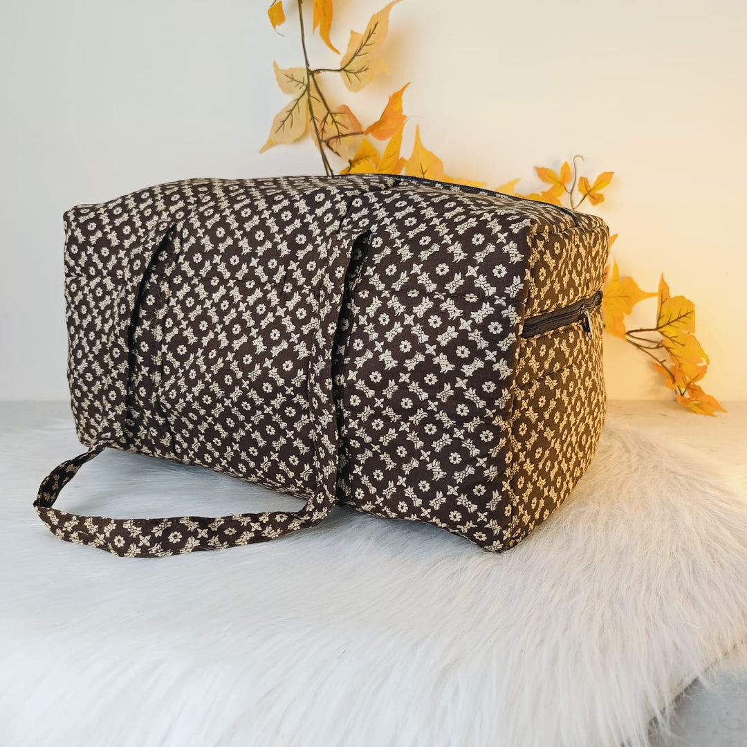 Rectangle Travel Bag Brown With white Arabesque Design.