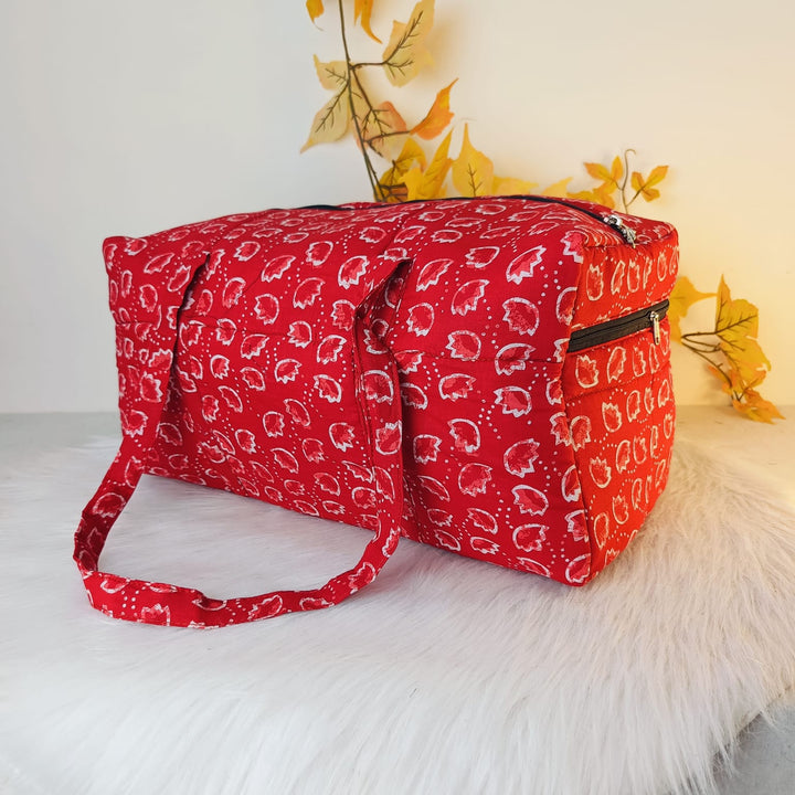 Rectangle Travel Bag Red with White Small Leaf Design.