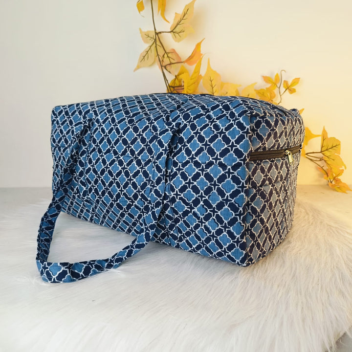 Rectangle Travel Bag Blue with Small Diamond Design.