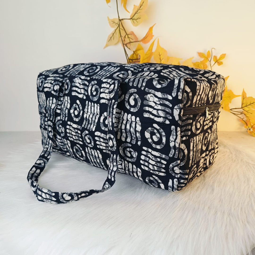 Rectangle Travel Bag Black with White Zig Zag Design.