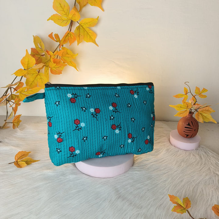 Jumbo Makeup pouch Sky Blue with Whit and Red Flower Design.