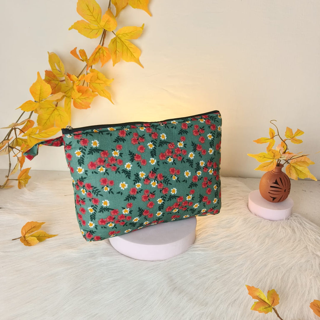 Jumbo Makeup pouch Green with Red Colour Floral Design.