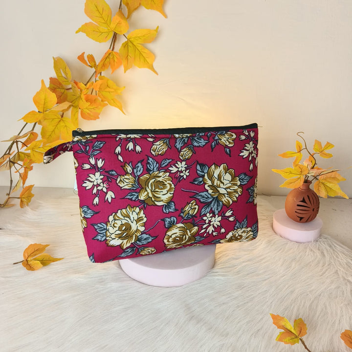 Jumbo Makeup pouch Pink with Mustered Flower Design.