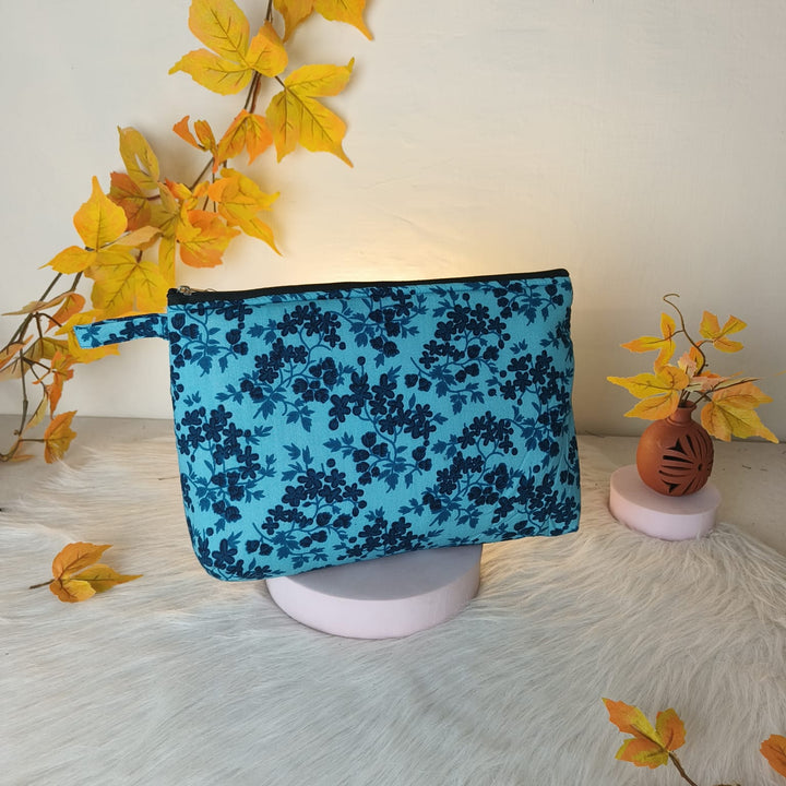 Jumbo Makeup pouch Sky Blue With Black Botanical Design.