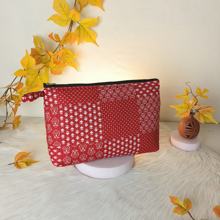 Jumbo Makeup pouch Red Colour with Geometric Design.