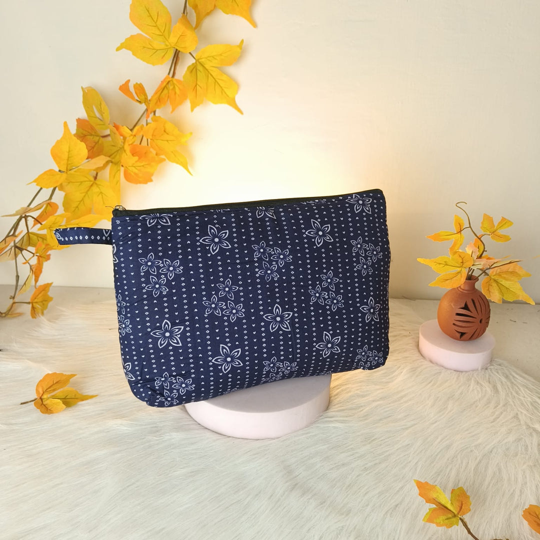 Jumbo Makeup pouch Navy Blue With Floral Design.