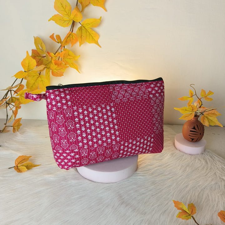 Jumbo Makeup pouch Pink with White Geometric Design