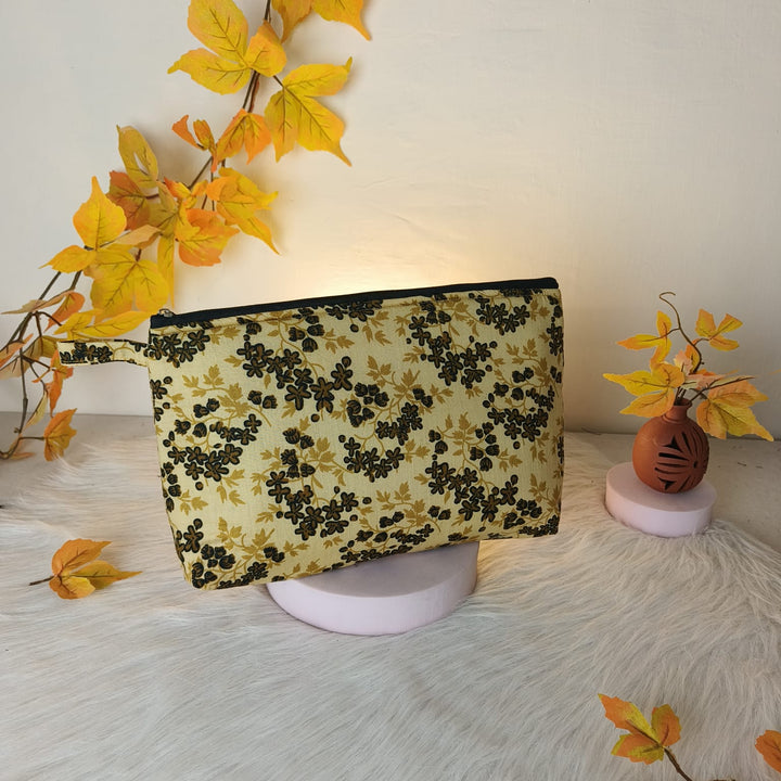 Jumbo Makeup pouch Yellow Black Botanical Design.