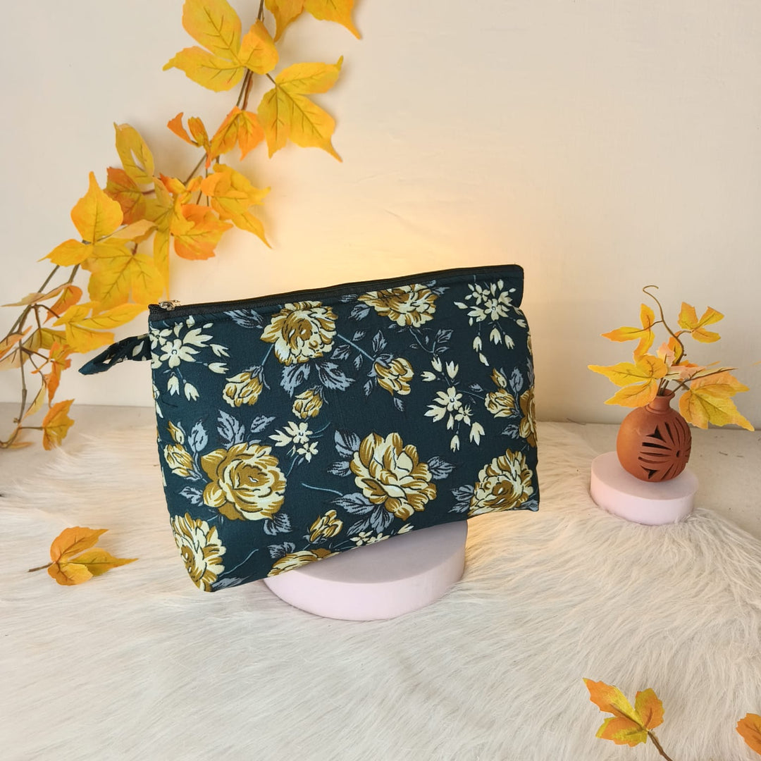 Jumbo Makeup pouch Navy Blue with mehndi colour Flower Design.