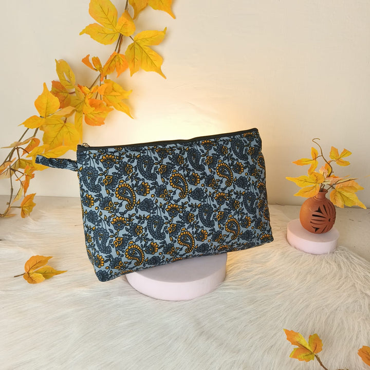 Jumbo Makeup pouch Grey with Boteh design