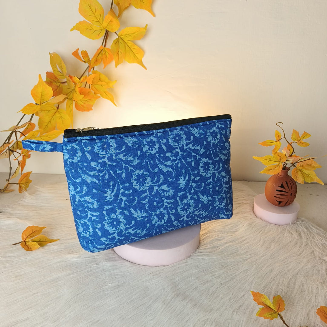 Jumbo Makeup pouch Blue with White Botanical Flower Design.