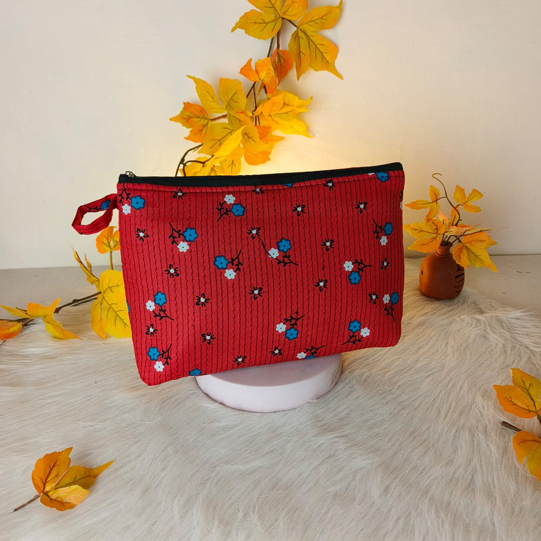 Jumbo Makeup pouch Red with Blue and White Floral Design.