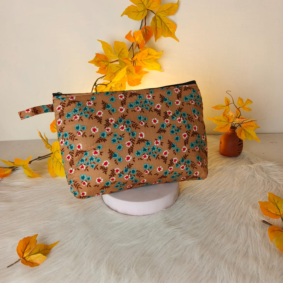 Jumbo Makeup pouch Brown Blue Floral Design.