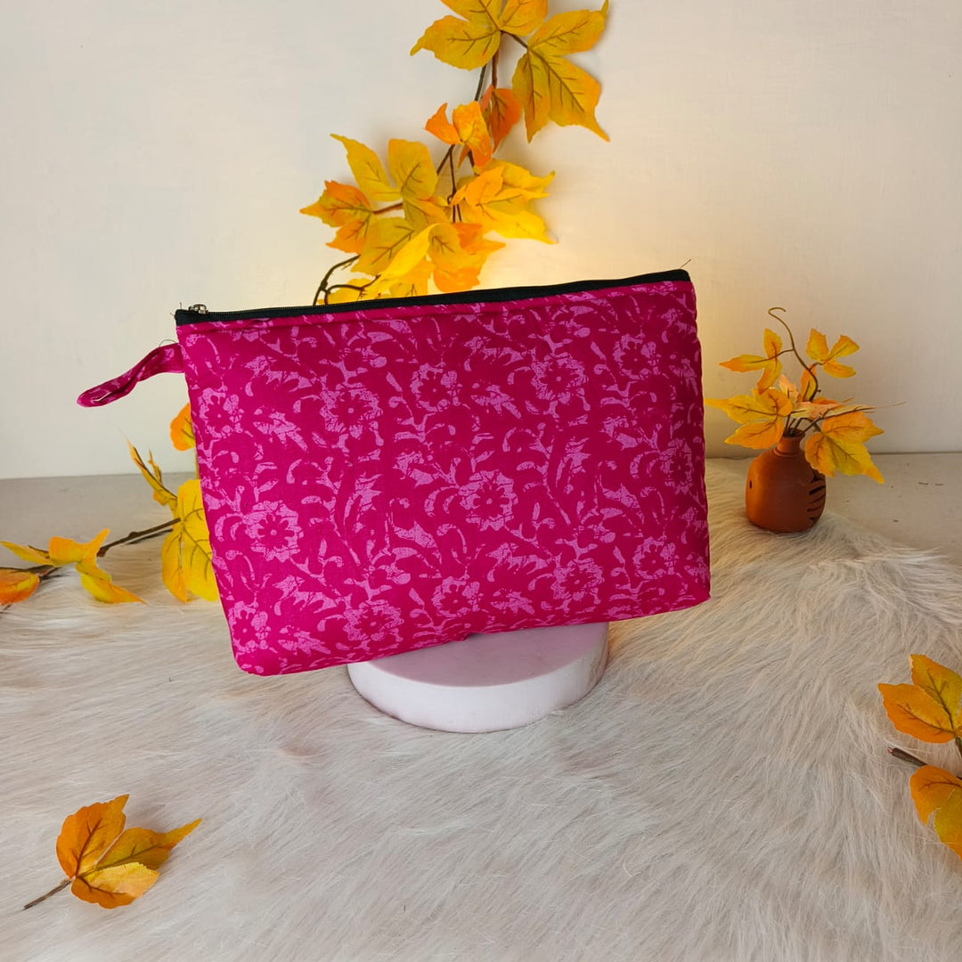 Jumbo Makeup pouch Pink Colour Botanical Design.