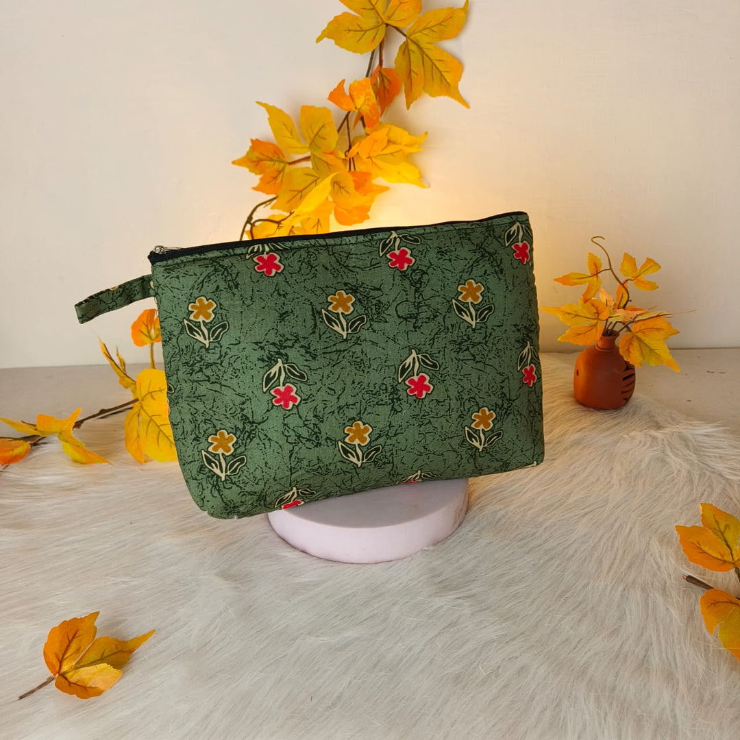 Jumbo Makeup pouch Green with Red Floral Design.