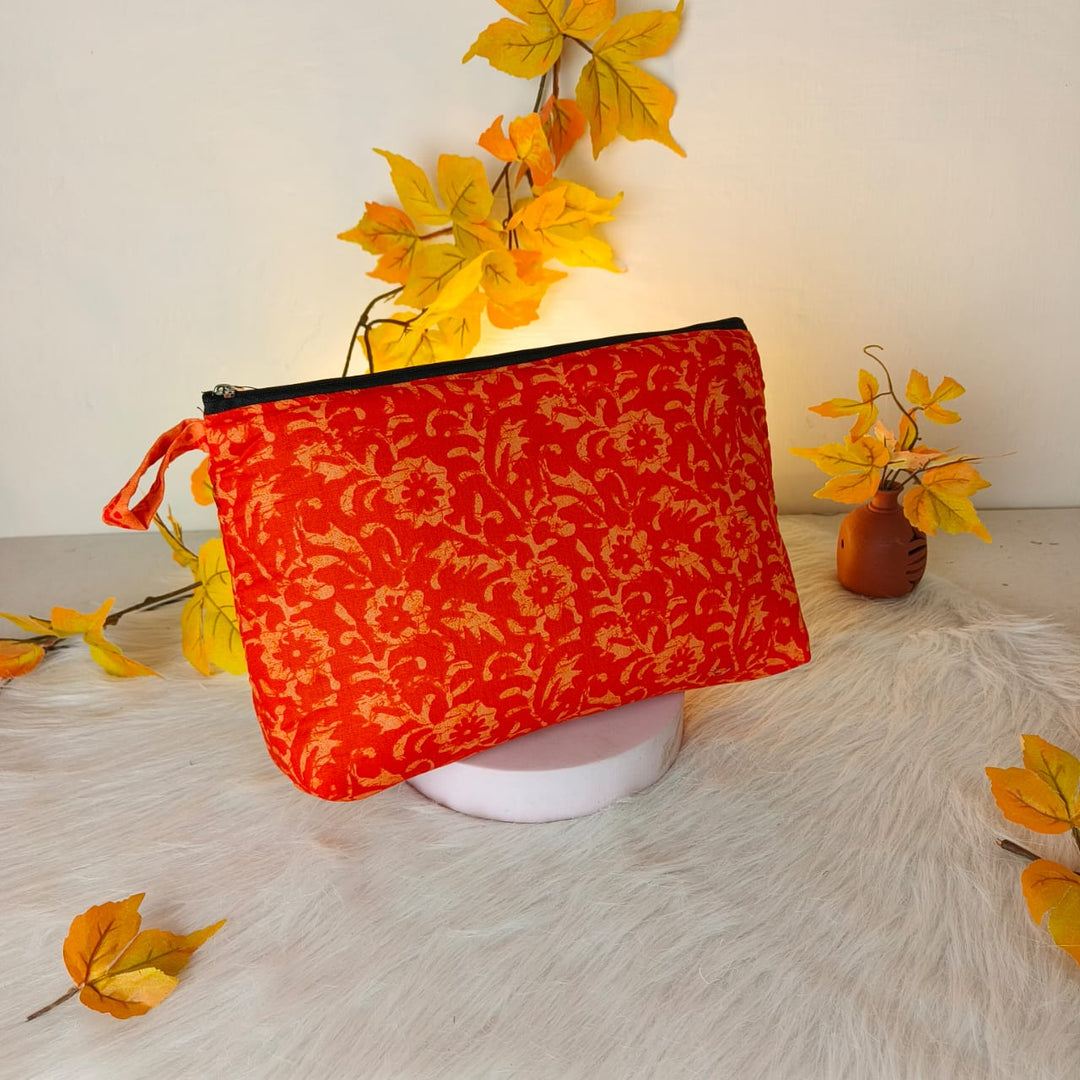 Jumbo Makeup pouch Orange Colour Floral Design.