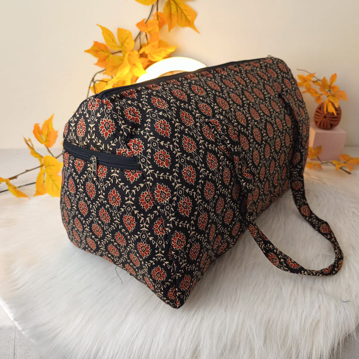 Weekender Travel Bag Black with Marron Floral Design.